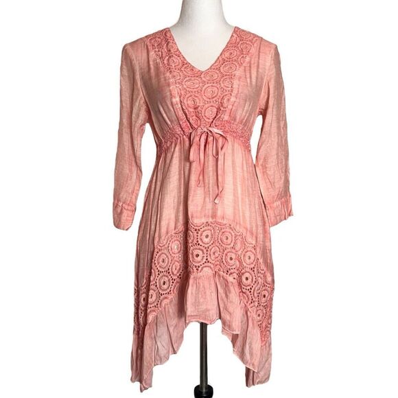 Saga Dresses & Skirts - SAGA Babydoll Dress Size 0 Pink Silk Blend Boho Festival Fairy Lagenlook Crochet